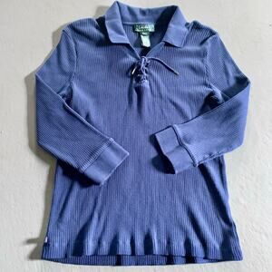 Lauren Ralph Lauren Navy Ribbed Knit Tie-Front Sweater Shirt Size Large